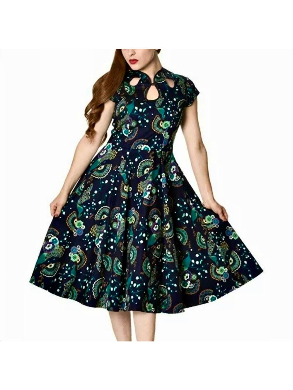 NEW Banned Dancing Days Asian Peacock Fan Keyhole Pinup Betty Dress Retro Midi M